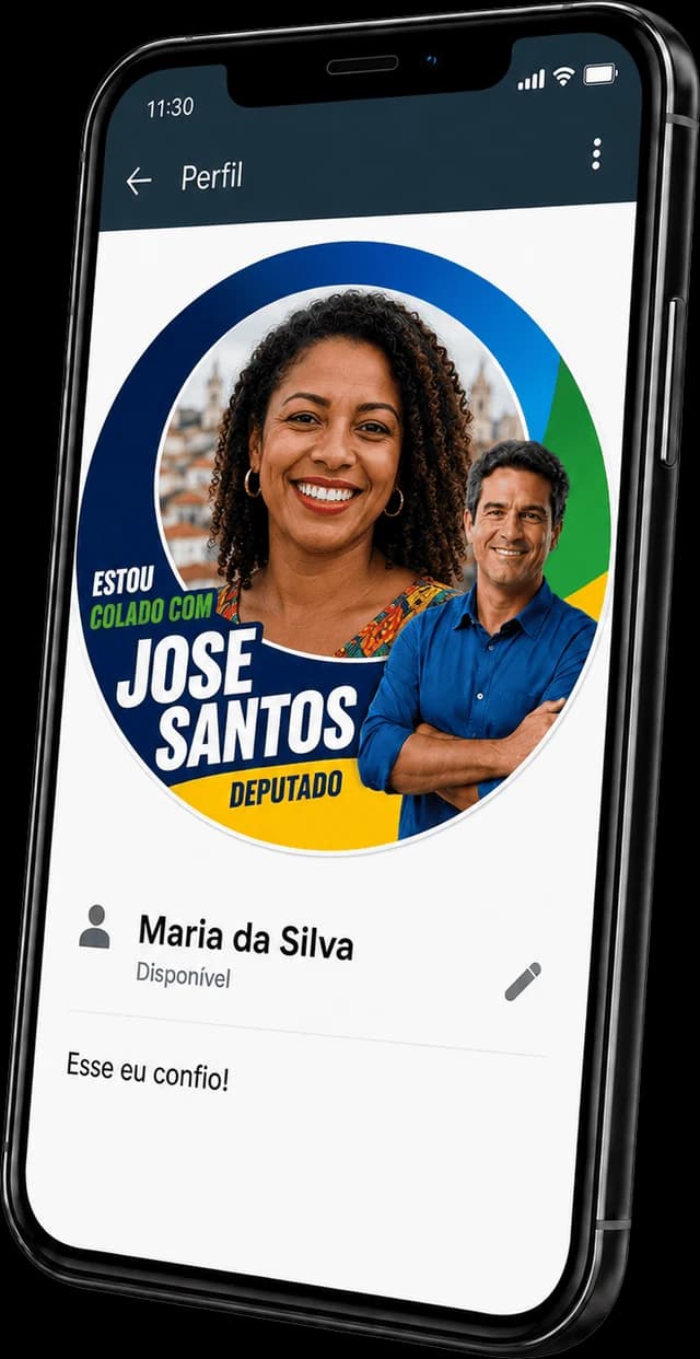 Perfil do WhatsApp de um apoiador com a moldura da campanha aplicada na foto